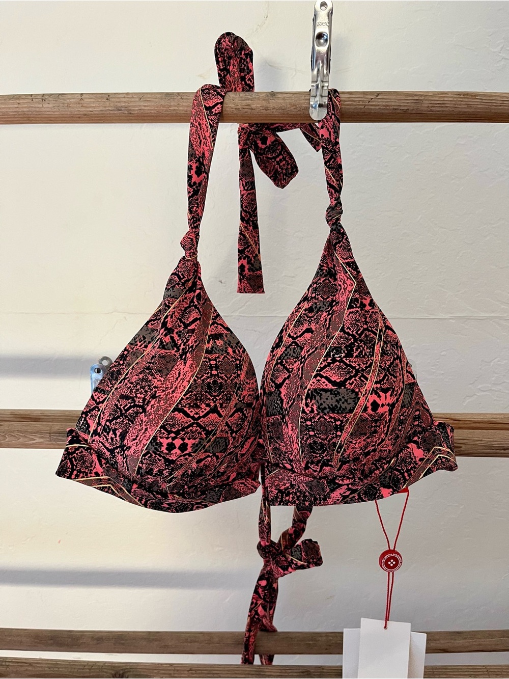 NWT- Red Carter Pink & Black Snake-Print Halter Bikini Top with Ties
